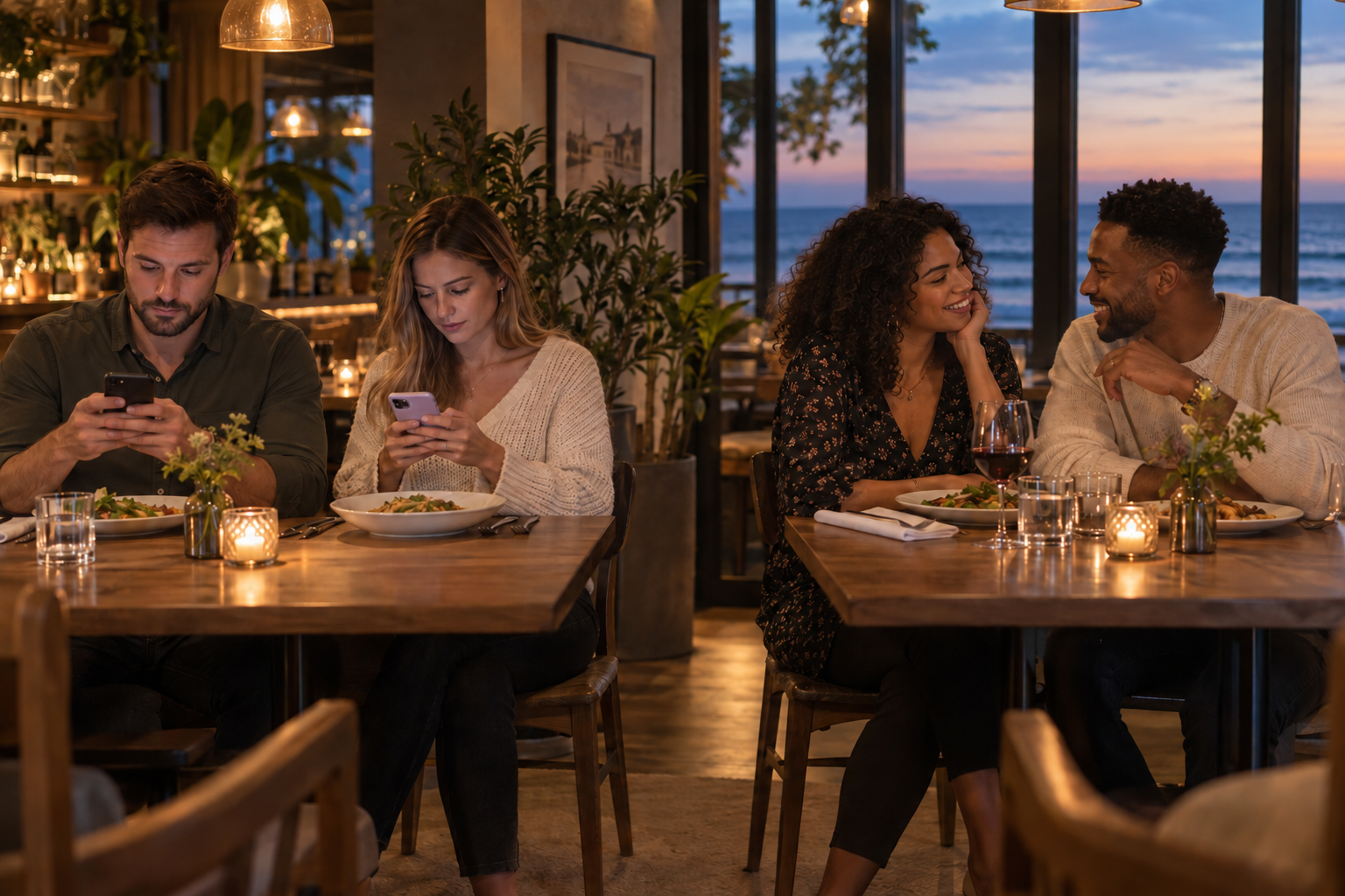 Two couples at an ocean-view restaurant: one pair looks at their phones while the other smiles and talks